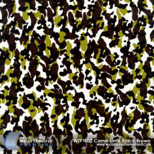 WTP-102 Camo-Lime, Black, Brown features an abstract camouflage with coinciding green, brown, and black shapes over a transparent background.