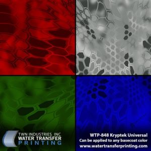 Kryptek Universal hydrographic film now give you the ability to customize Kryptek designs with your own basecoat combinations. Now the pro dippers and paint connoisseurs can take their Kryptek designs to the next level without damaging the integrity of the design.