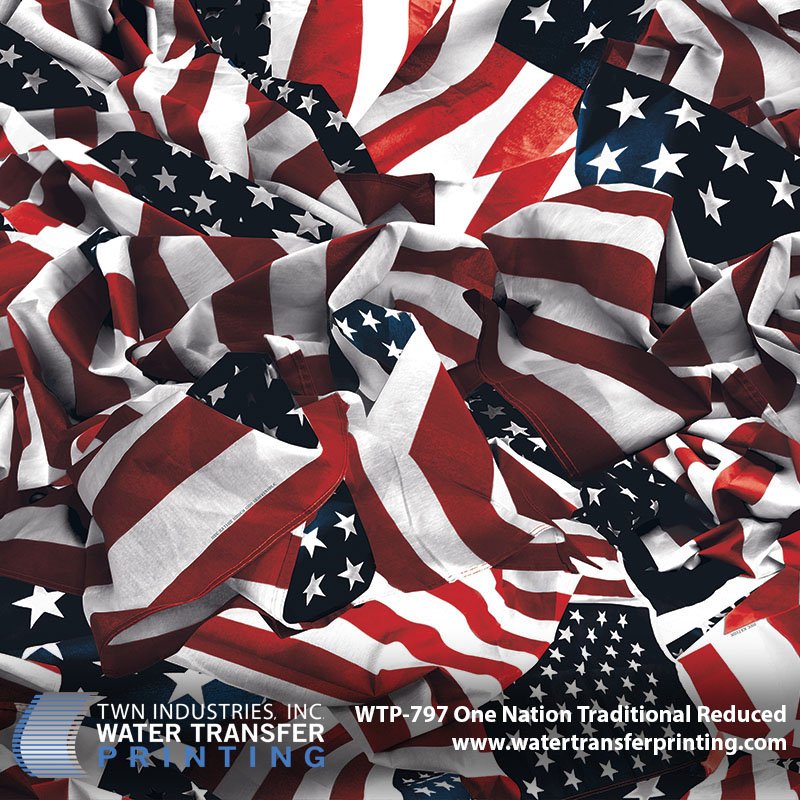One Nation™ Traditional Reduced is a bold American flag Water Transfer Printing film. The pattern was crafted by our resident artists at TWN. It features photo-realistic texture and depth with vibrant flowing American flags. One Nation Reduced has been scaled down to 35% of the original One Nation Traditional pattern.